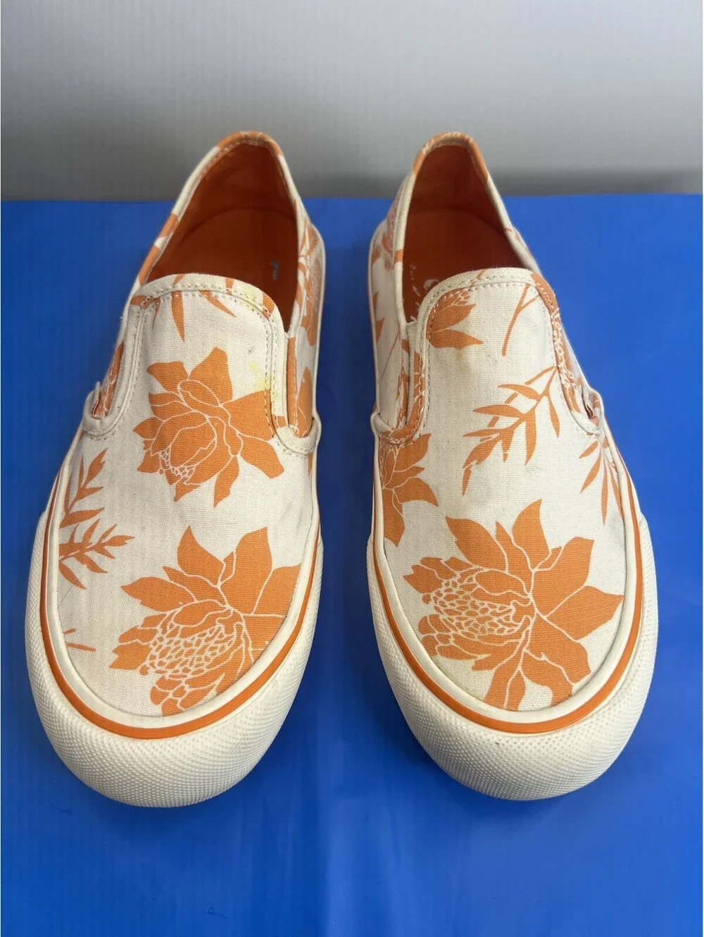 Vans Classic Slip-On Orange Floral Cream Canvas Shoes Men 7 Women 8.5